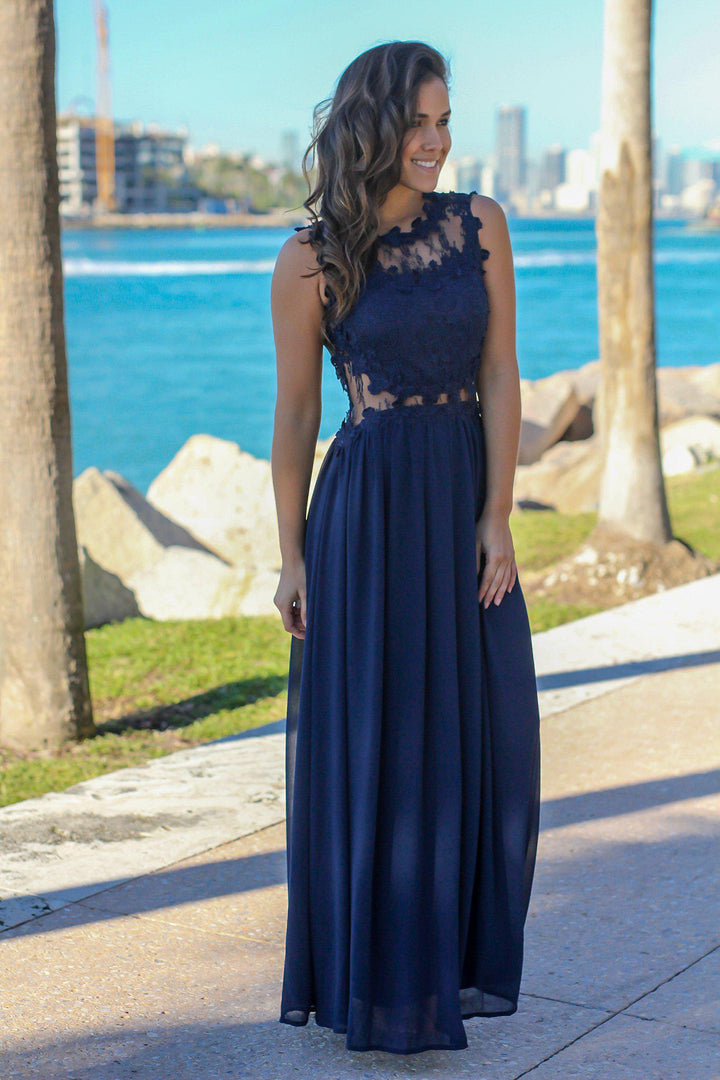 Navy Lace Top Maxi Dress with Tulle Back | Formal Dresses Saved by the Dress Navy Lace Top Maxi Dress with Tulle Back | Formal Dresses Saved by the Dress