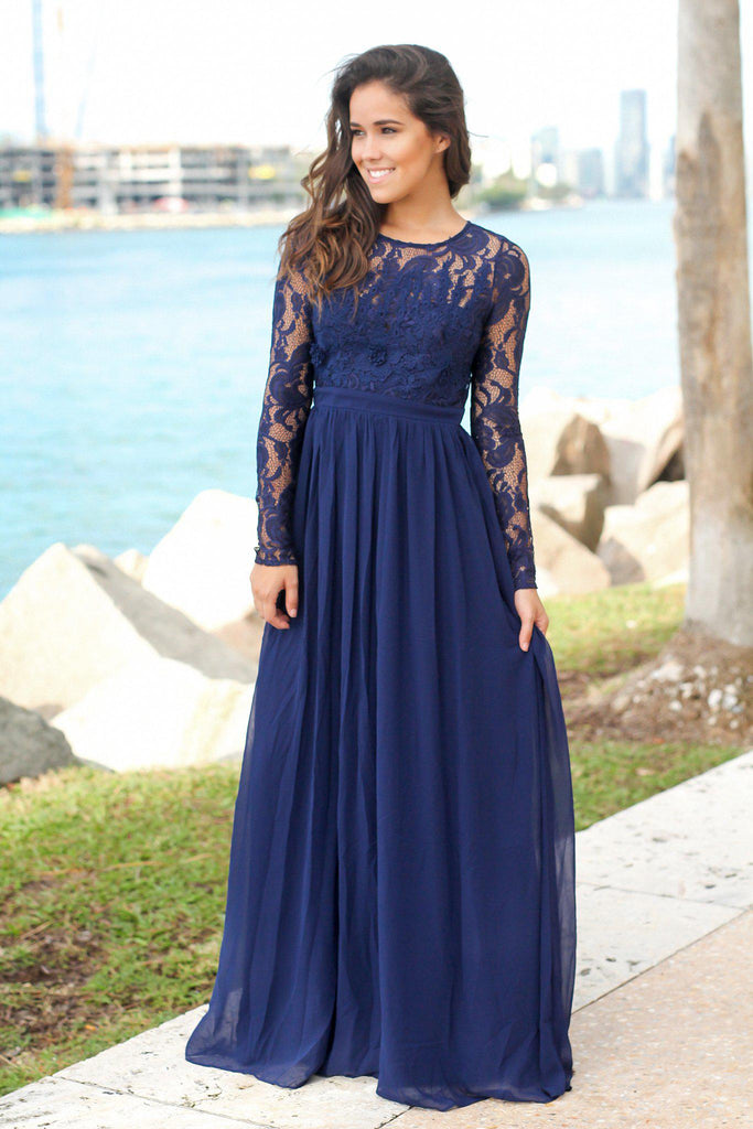 fitted lace wedding dress Navy Long Sleeve Maxi Dress with Crochet Top