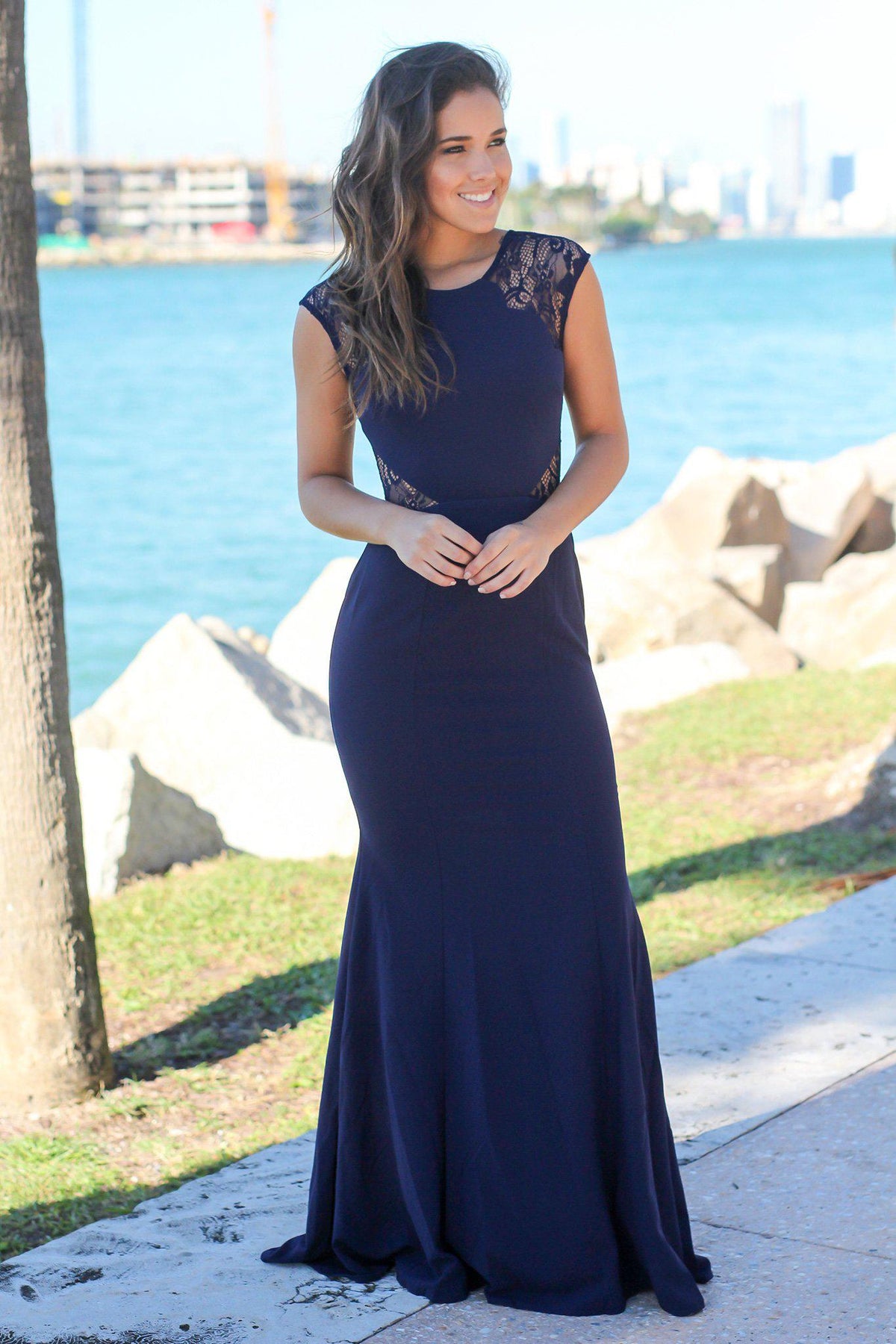 Navy Maxi Dress with Lace Cut Outs | Formal Dresses – Saved by the Dress