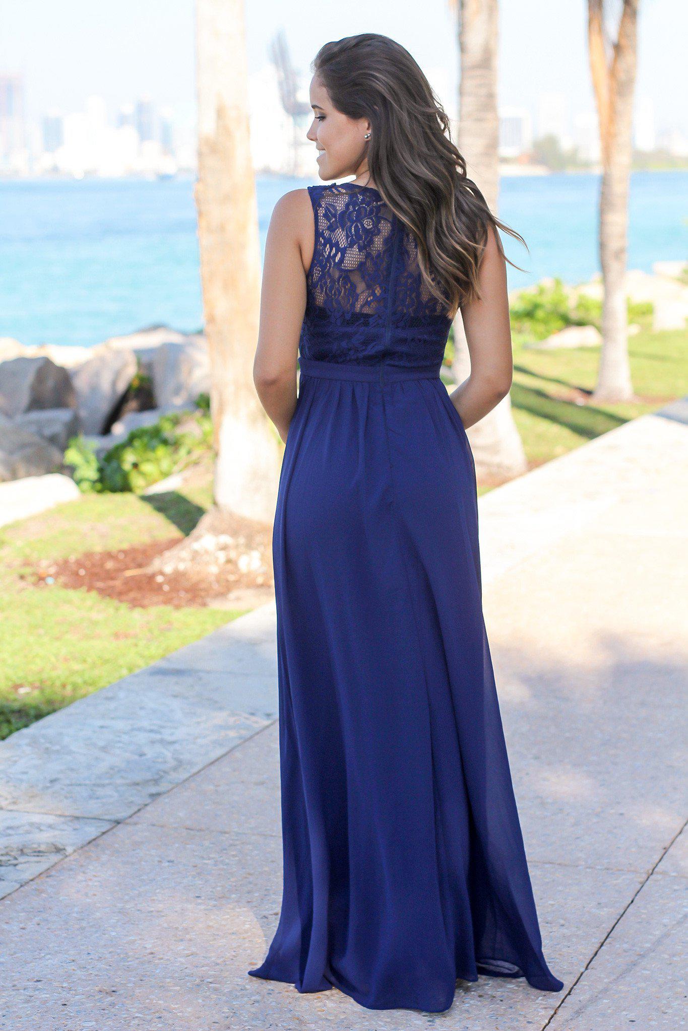 Navy Chiffon Maxi Dress with Lace Top | Bridesmaid Dresses – Saved by ...