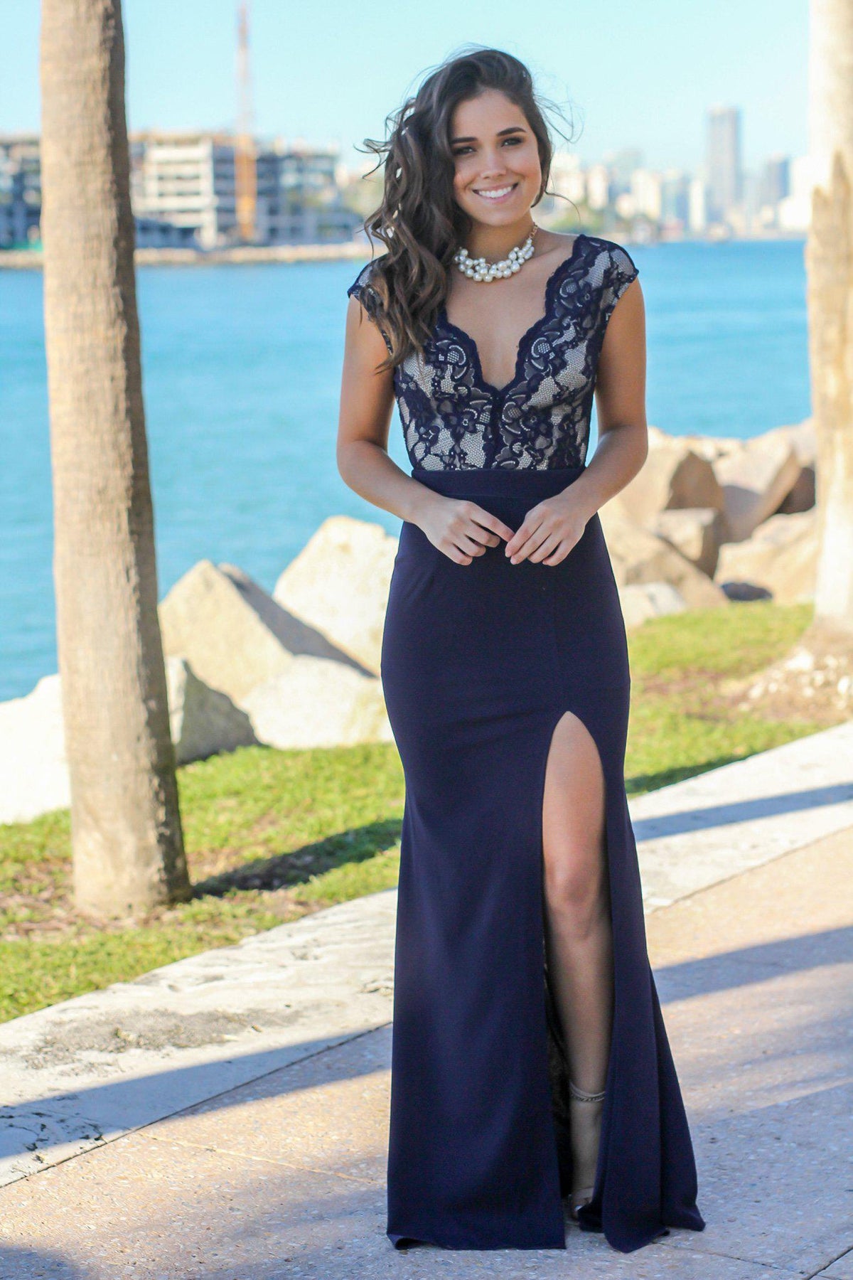 Navy Lace Top Maxi Dress with Side Slit | Formal Dresses Saved by the Dress Navy Lace Top Maxi Dress with Side Slit | Formal Dresses Saved by the Dress