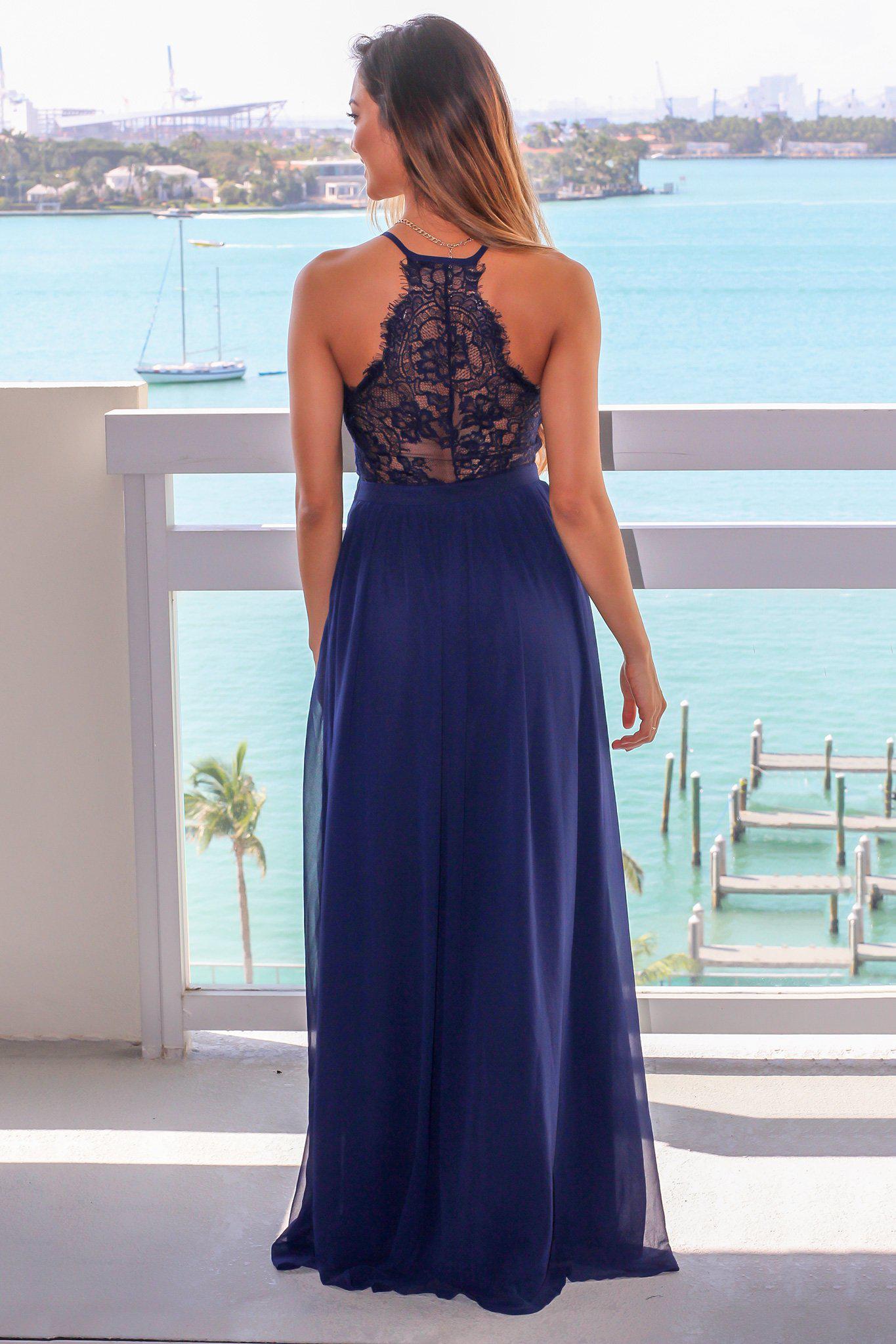 Navy V-Neck Maxi Dress with Lace Back | Bridesmaid Dresses – Saved by ...