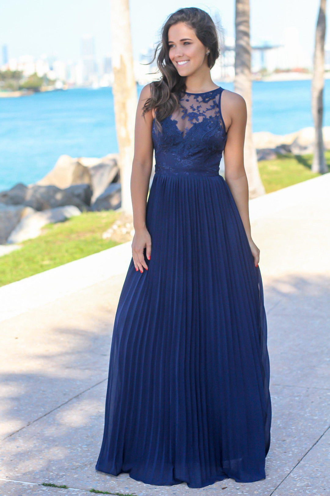 Navy Pleated Maxi Dress with Embroidered Top | Maxi Dresses  Saved by the  Dress