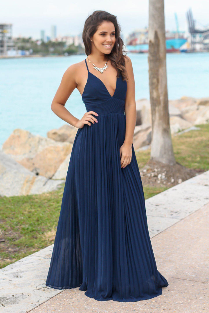 Navy Pleated Maxi Dress with Criss Cross Back | Maxi Dresses Saved by the Dress Navy Pleated Maxi Dress with Criss Cross Back | Maxi Dresses Saved by the Dress