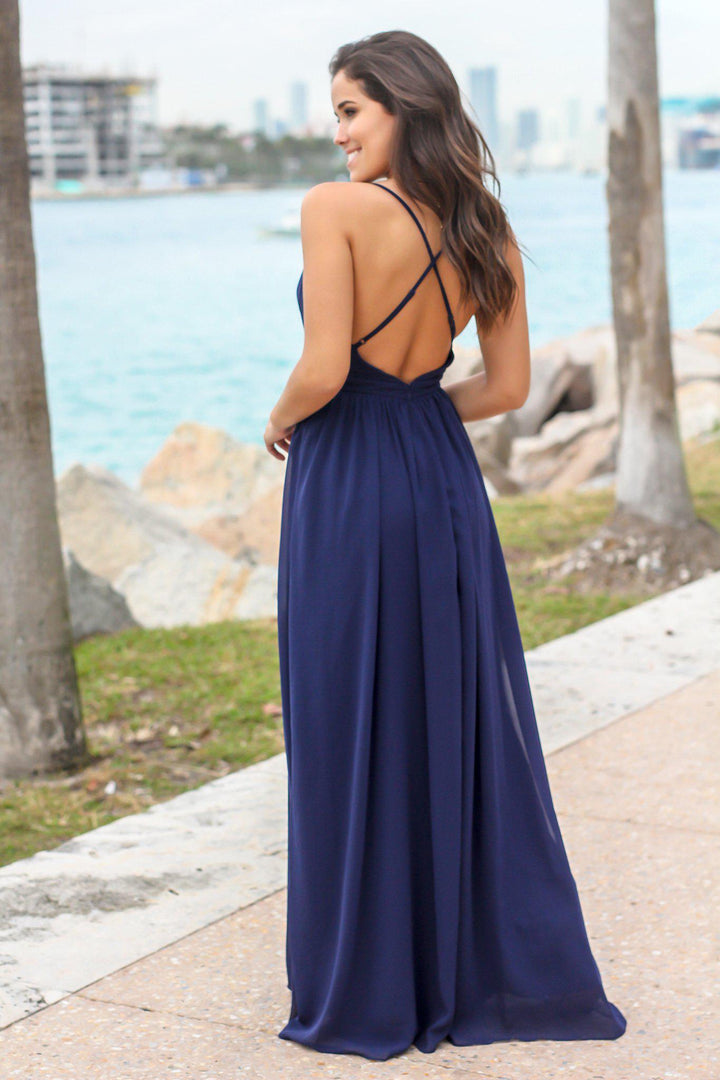 Navy Maxi Dress with Criss Cross Back and Pleated Top | Maxi Dresses   Saved by the Dress