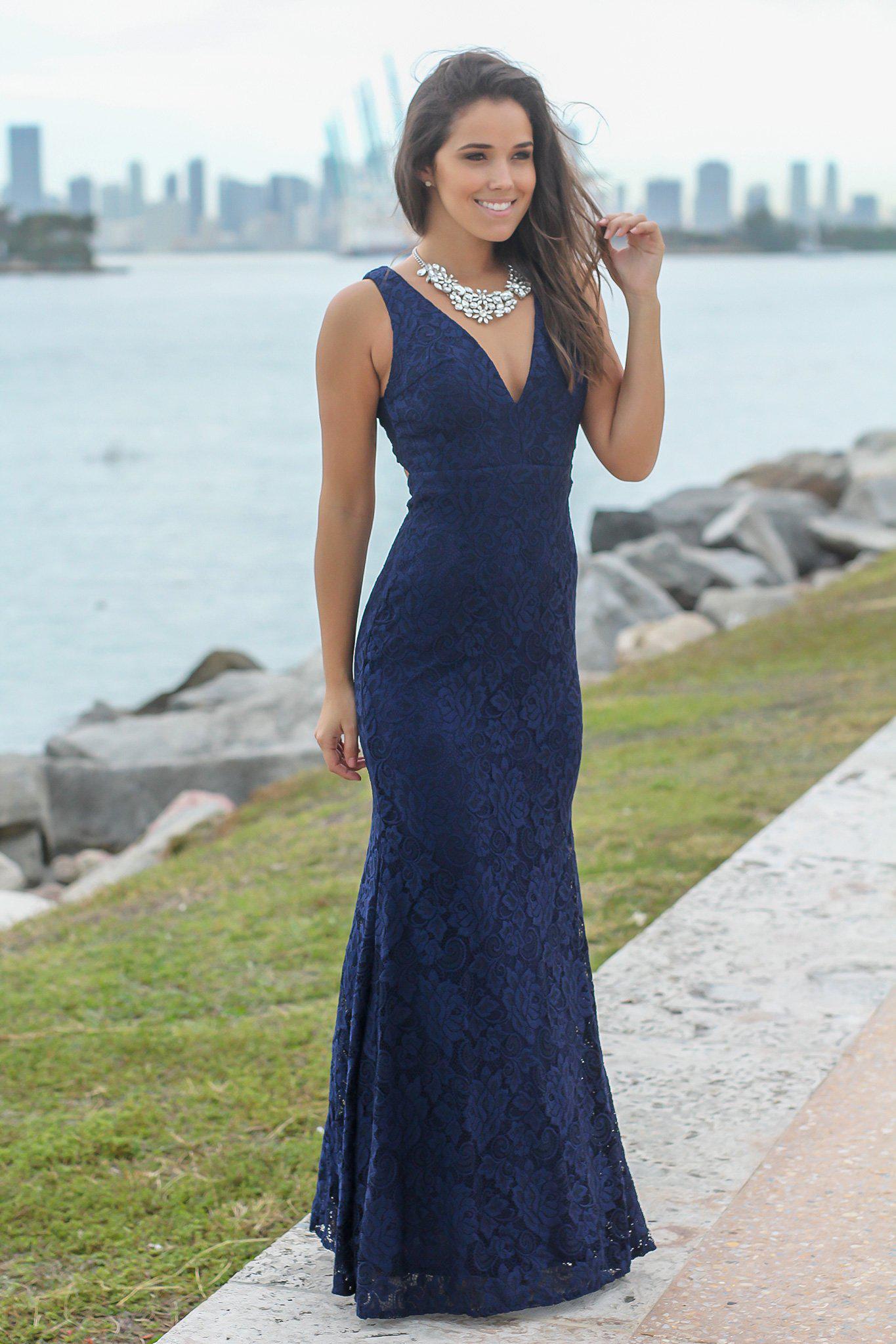Navy Lace Maxi Dress with Open Back | Bridesmaid Dresses Saved by the Dress Navy Lace Maxi Dress with Open Back | Bridesmaid Dresses Saved by the Dress