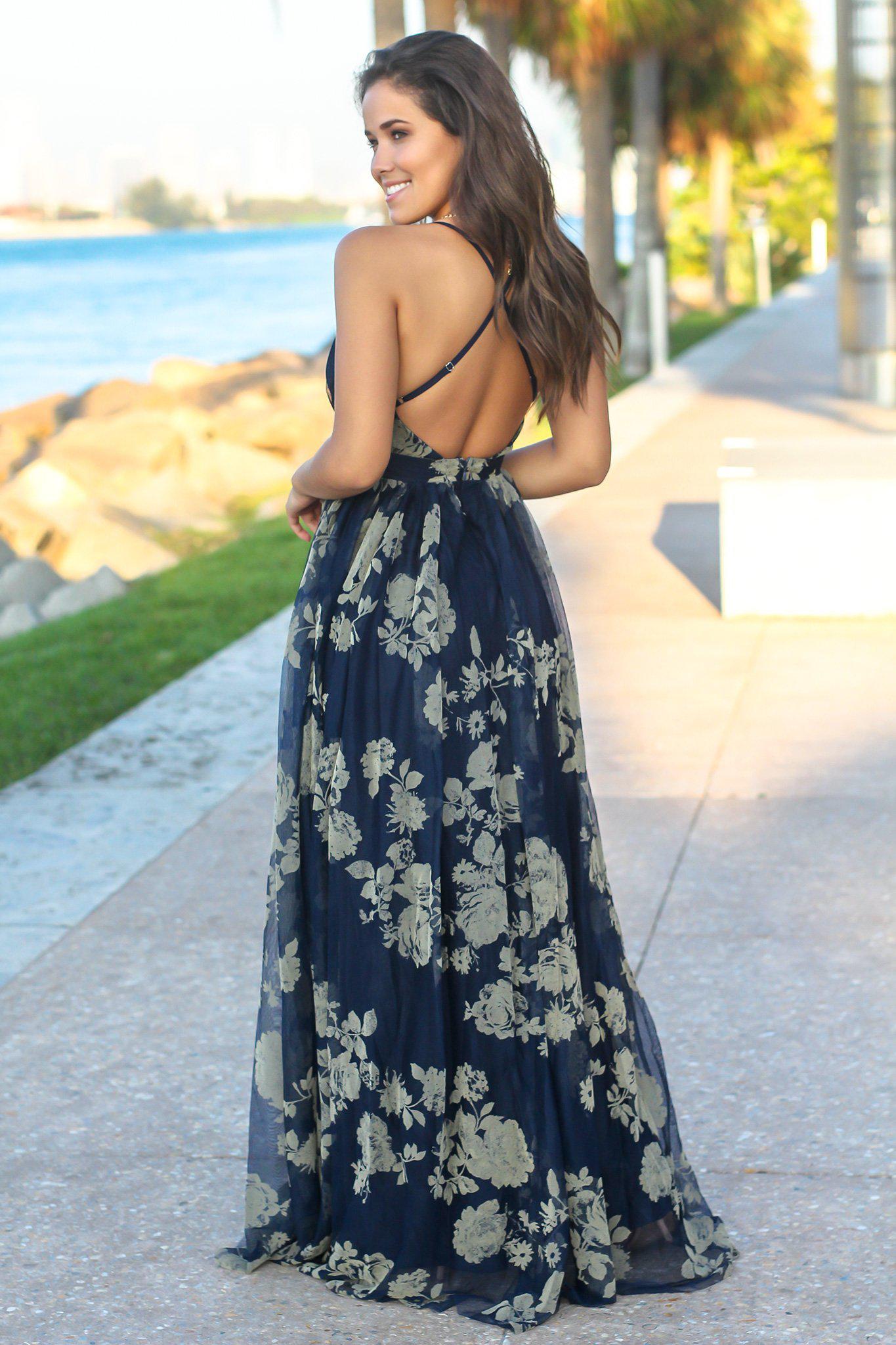 Navy Printed Tulle Maxi Dress with Criss Cross Back | Maxi Dresses ...