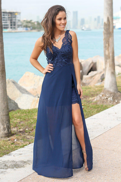 Navy Embroidered Maxi Dress with Side Slit