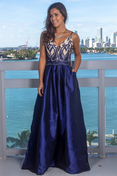 Navy Embroidered Top Maxi Dress with Pockets