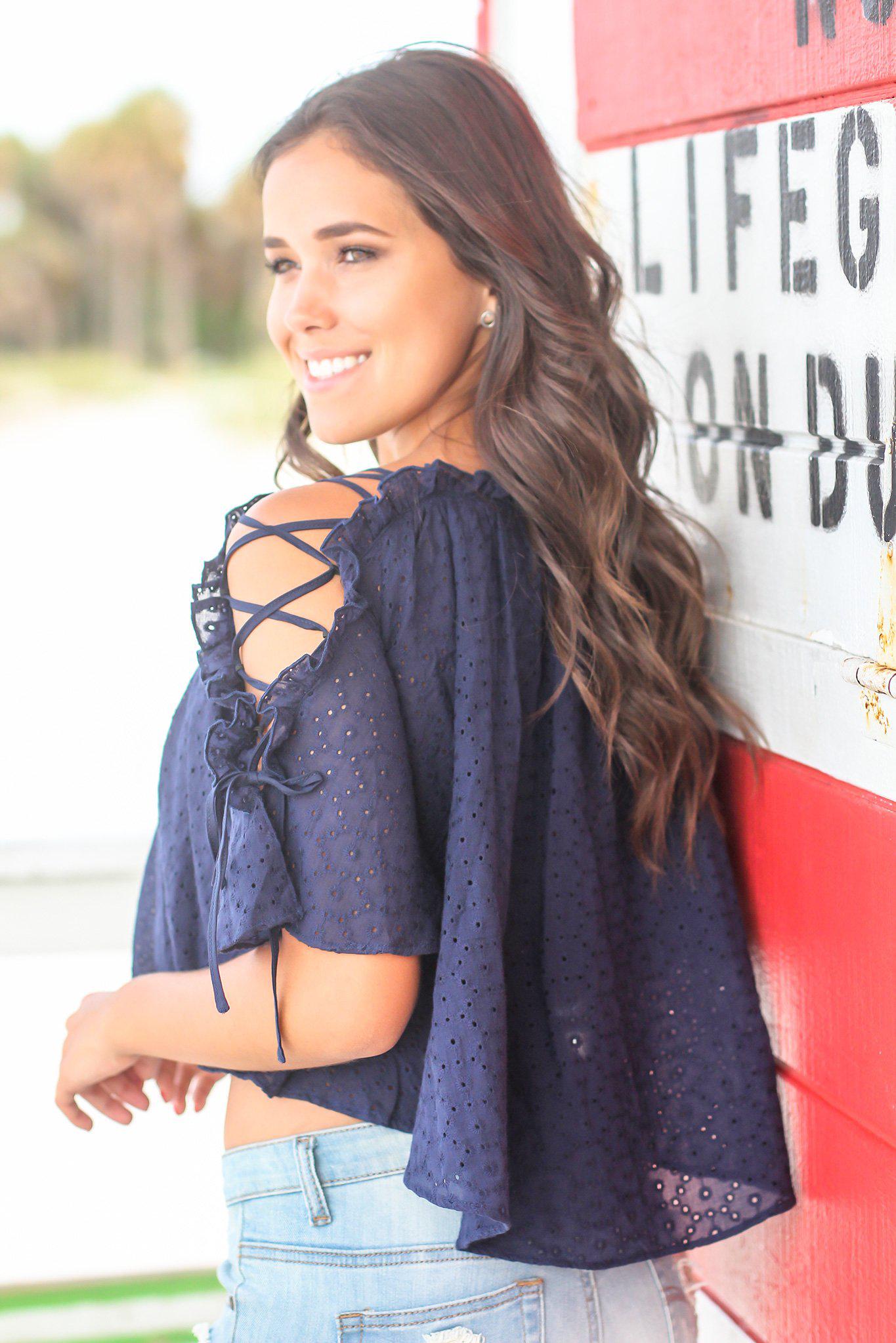 Navy Embroidered Top with Lace Up Details
