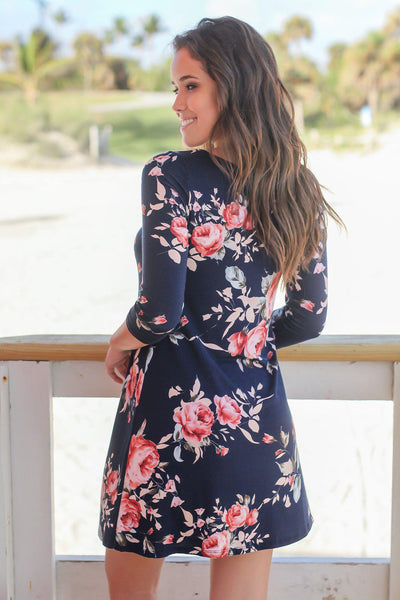Navy Floral Criss Cross Short Dress with 3/4 Sleeves