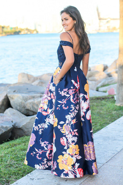 Navy Floral Crochet Top Maxi Dress