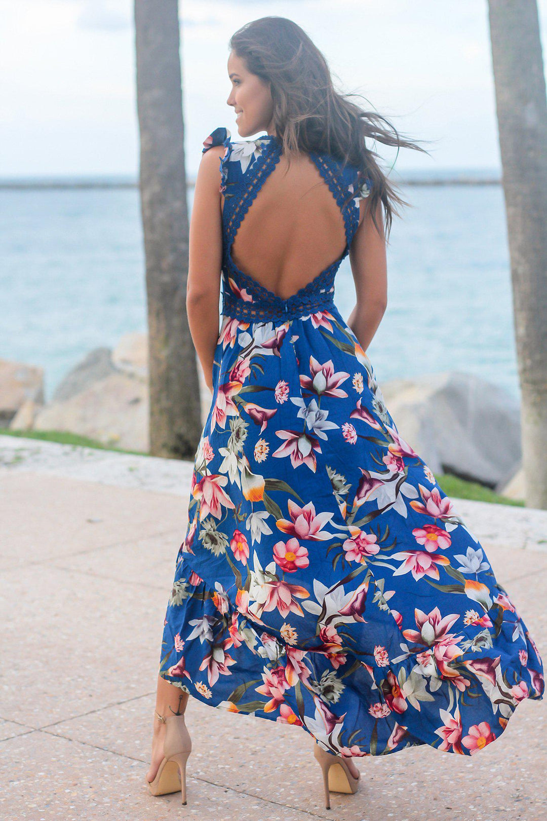 Navy Floral High Low Dress with Crochet Open Back Detail | Cute Dresses Saved by the Dress Navy Floral High Low Dress with Crochet Open Back Detail | Cute Dresses Saved by the Dress