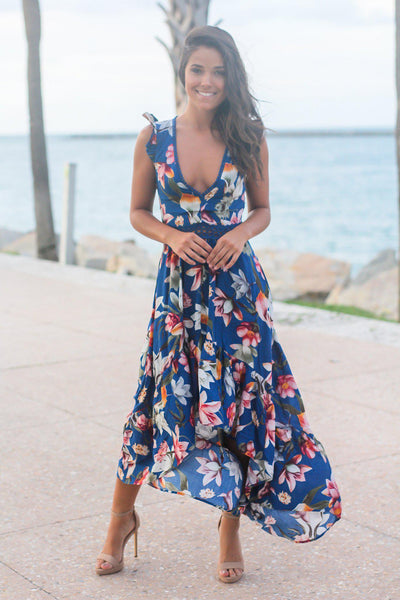 Navy Floral High Low Dress with Crochet Open Back Detail