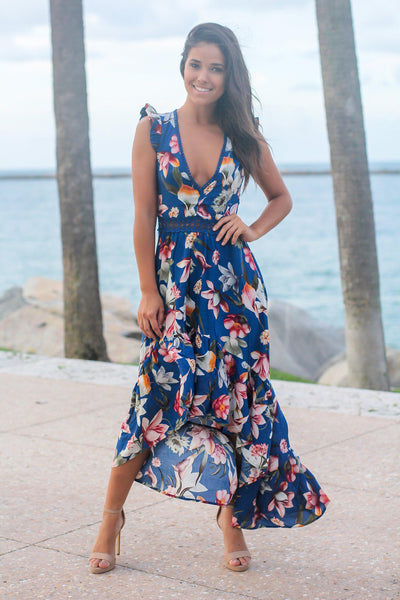 Navy Floral High Low Dress with Crochet Open Back Detail