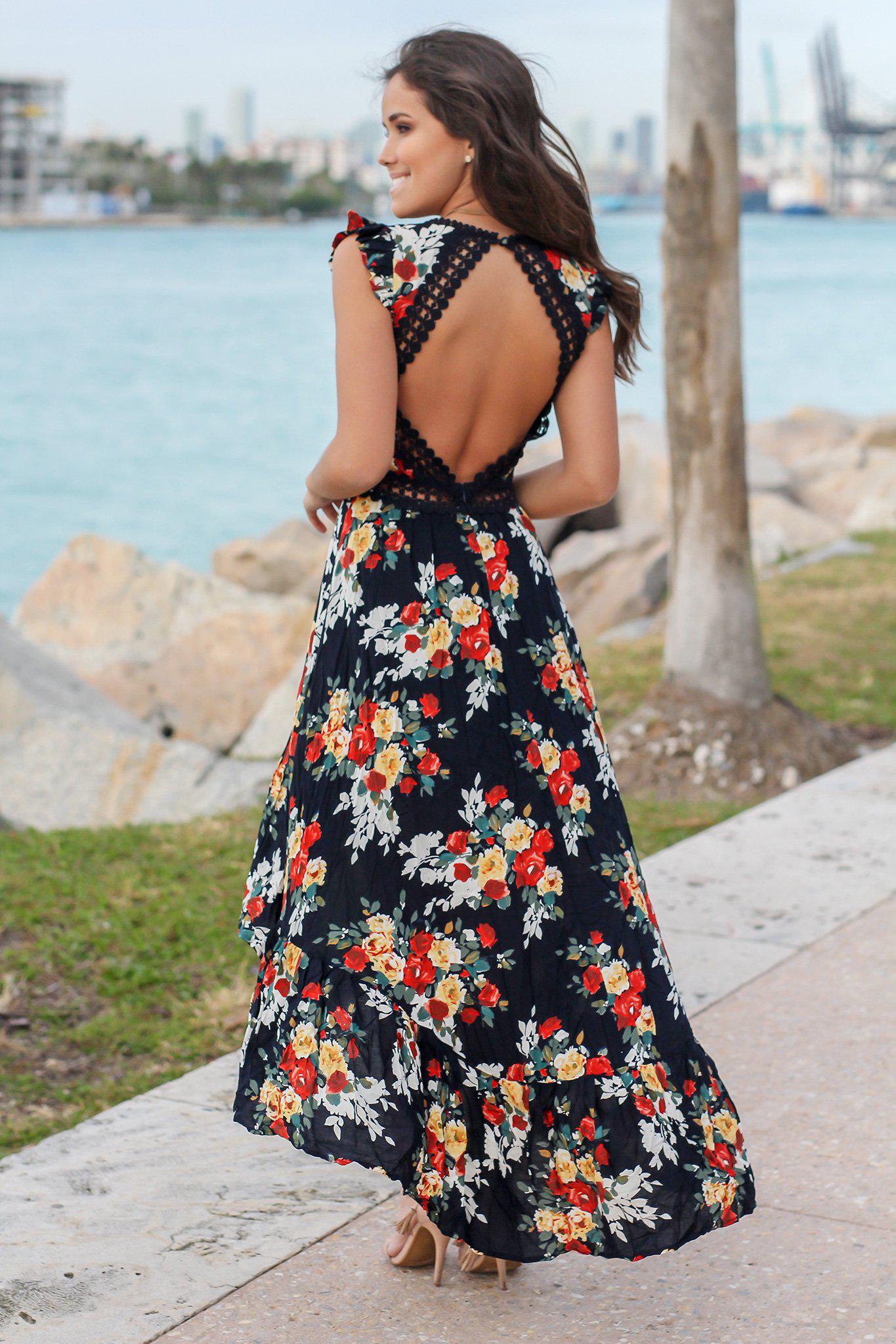 Navy Floral High Low Dress with Open Back