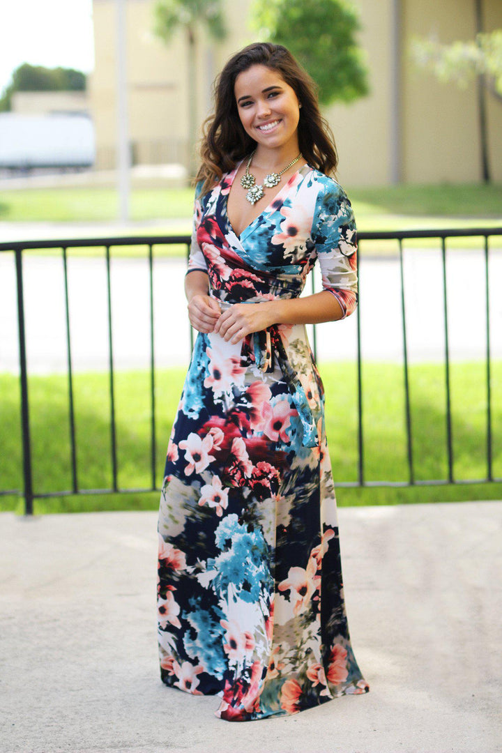Navy floral wrap maxi dress 2025