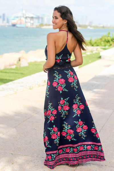 Navy Floral Maxi Dress with Crochet Detail