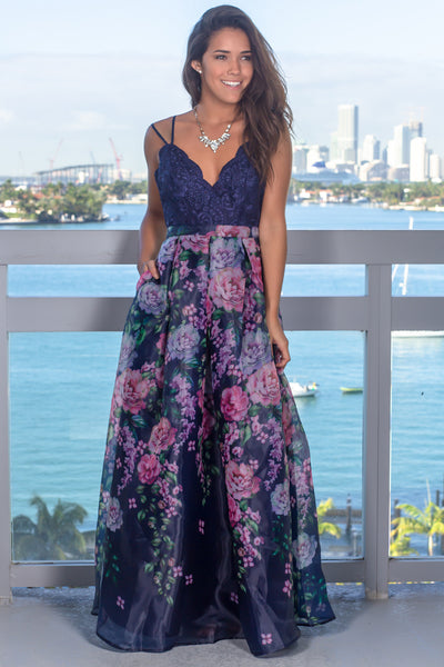 Navy Floral Maxi Dress with Embroidered Top