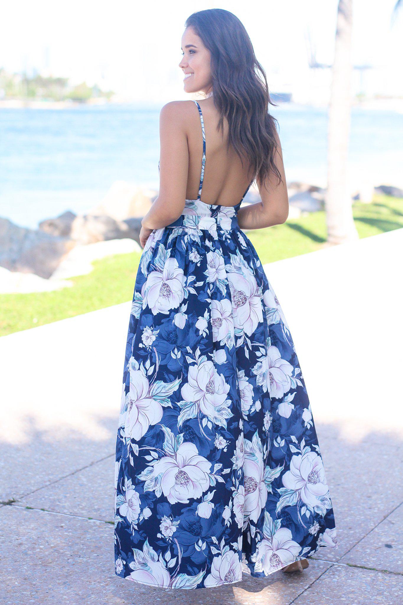 Navy Floral Maxi Dress with Open Back and Side Slits