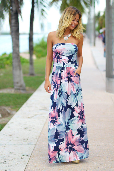  Navy Floral Maxi Dress with Pockets