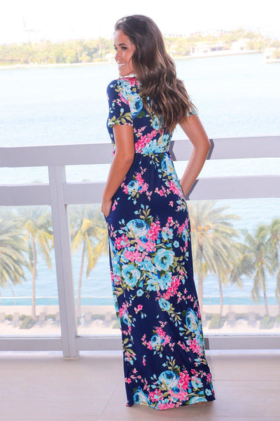 Navy Floral Maxi Dress with Short Sleeves