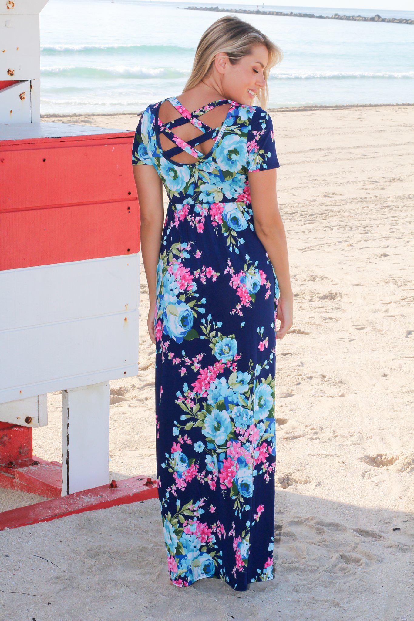 Navy Floral Maxi Dress with Short Sleeves and Criss Cross Back