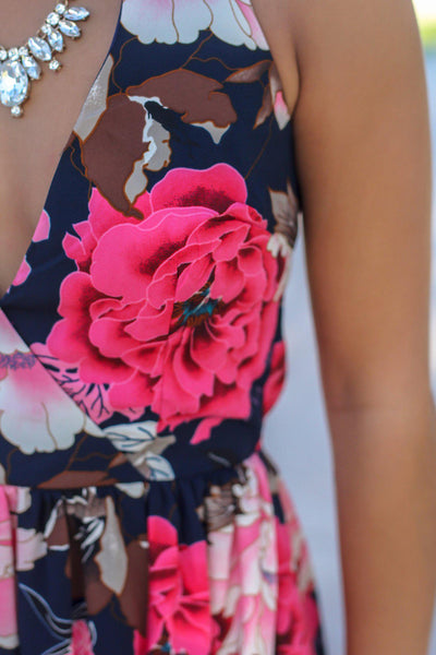 Navy Floral Maxi Dress with Side Slit