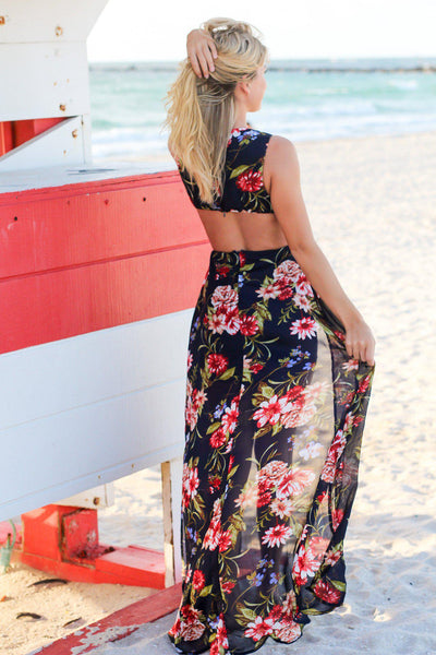 Navy Floral Maxi Dress with Side Slits