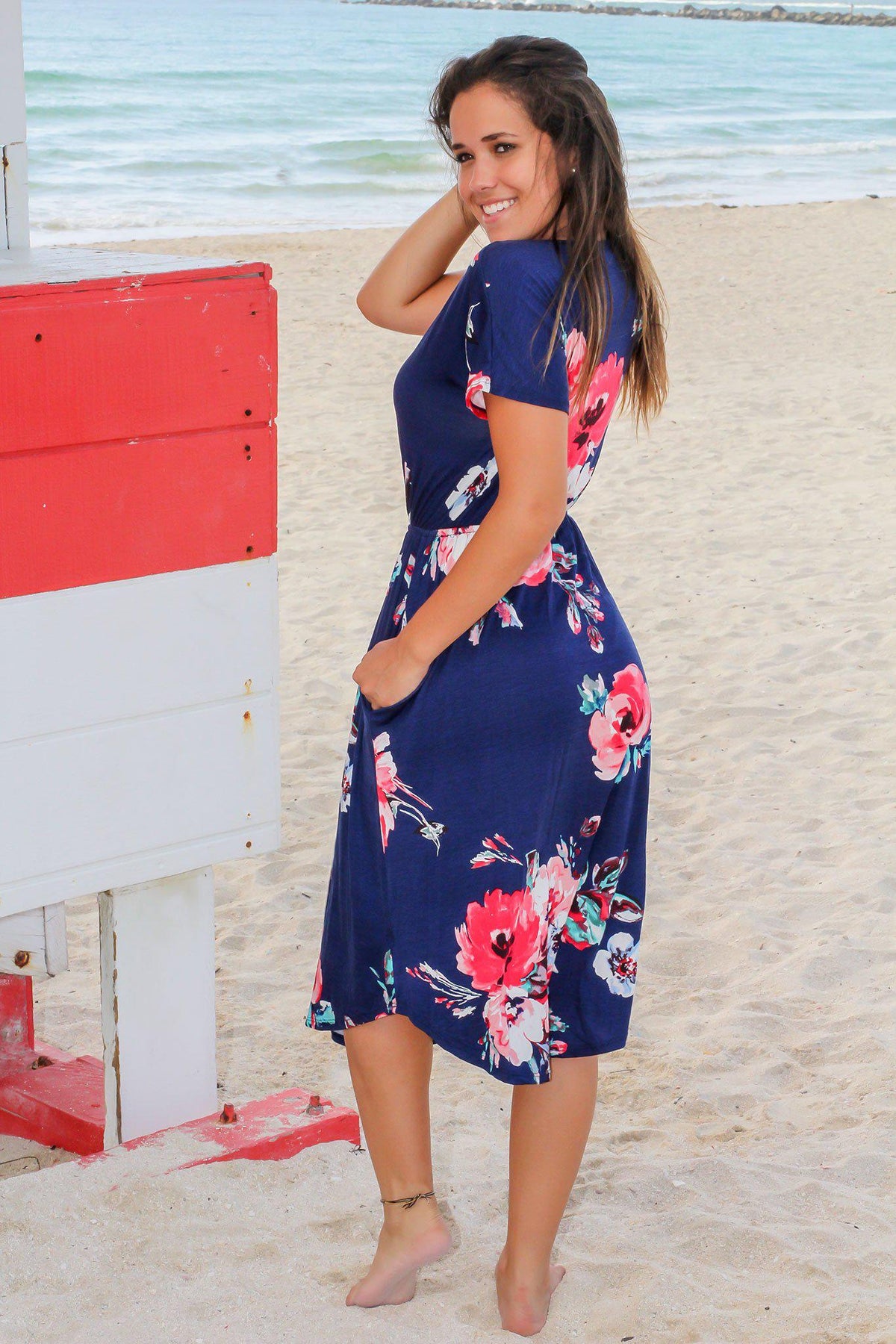 Navy Floral Midi Dress with Short Sleeves Navy Floral Midi Dress with Short Sleeves