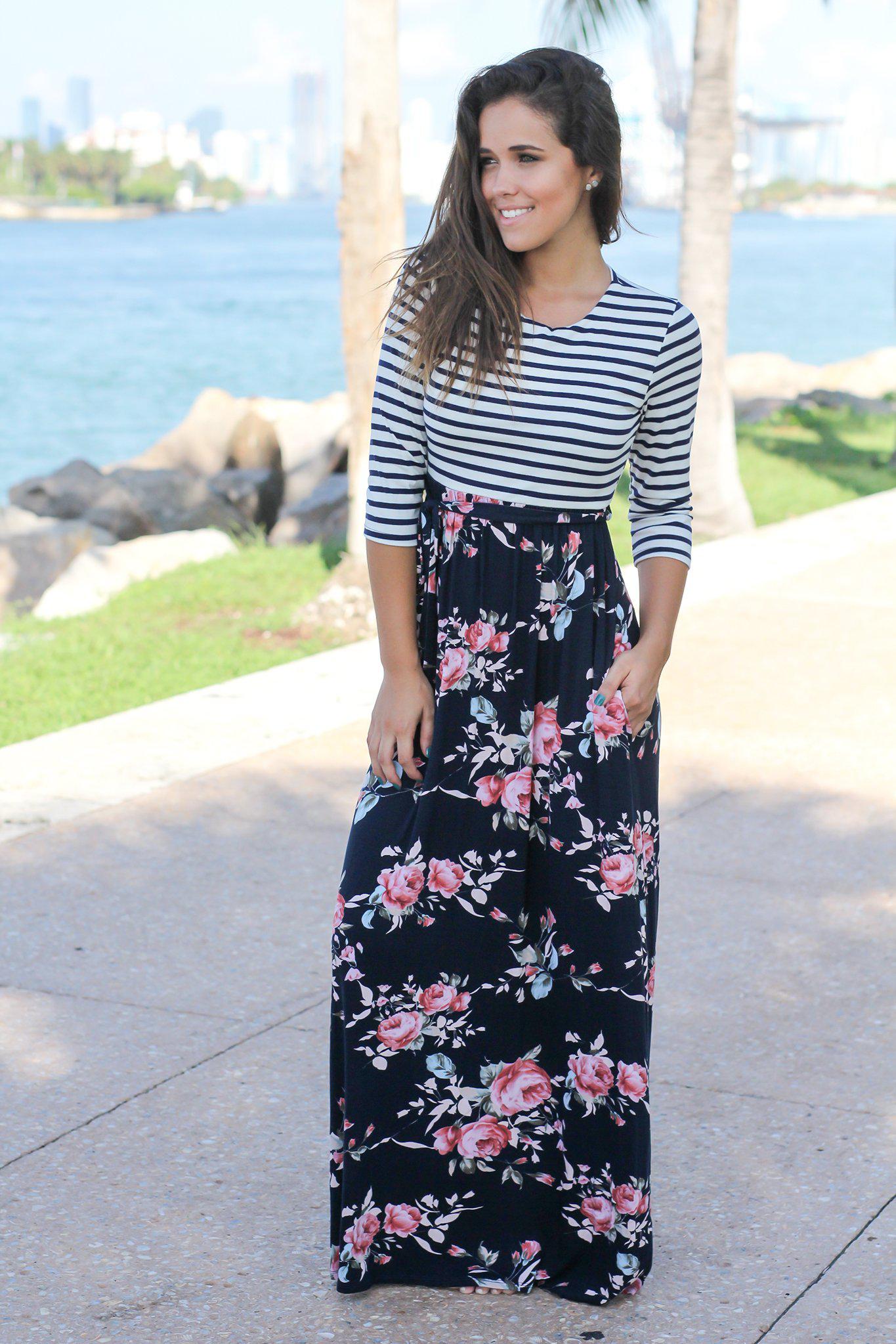 Navy Floral Striped Maxi Dress with Tie Waist