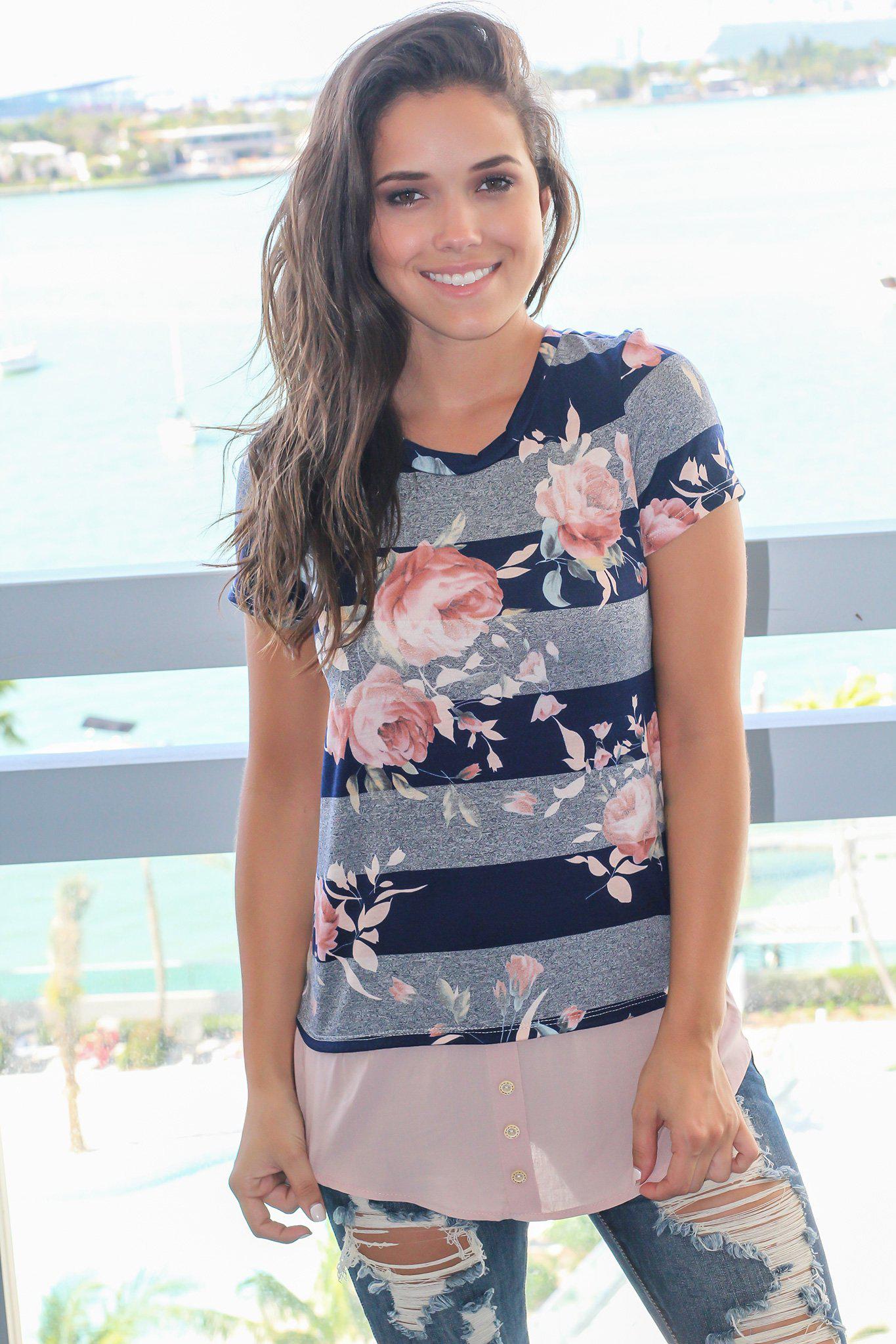 Navy Floral Striped Top with Buttons