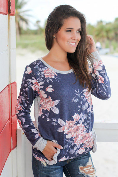Navy Floral Top with Ruffle Pocket