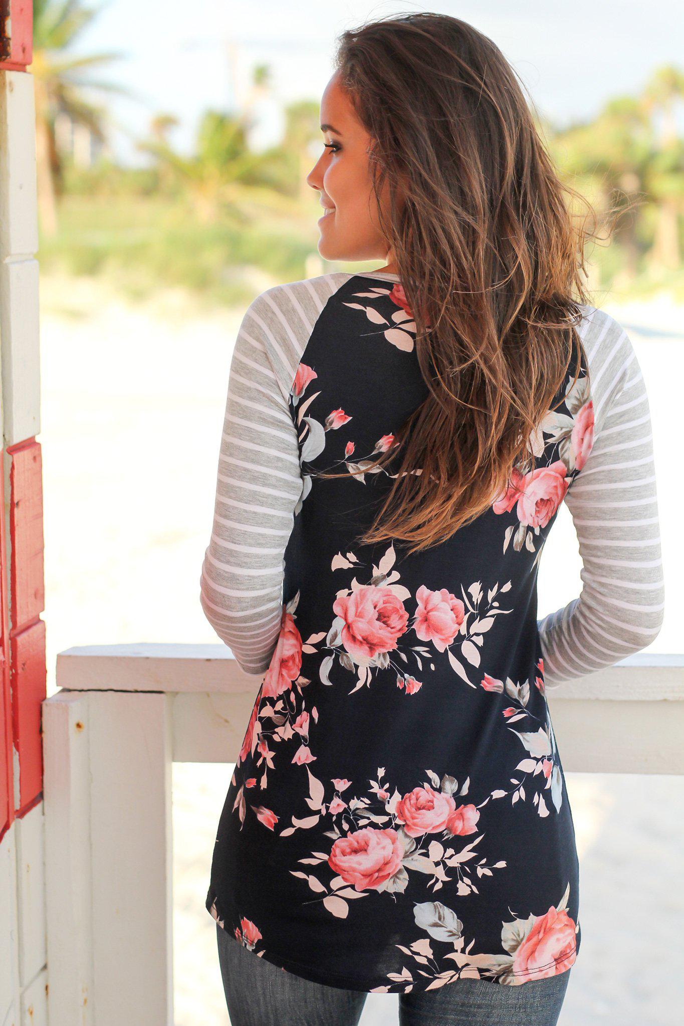 Navy Floral Top with Striped Sleeves