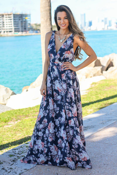 Navy Floral V-Neck Sleeveless Maxi Dress