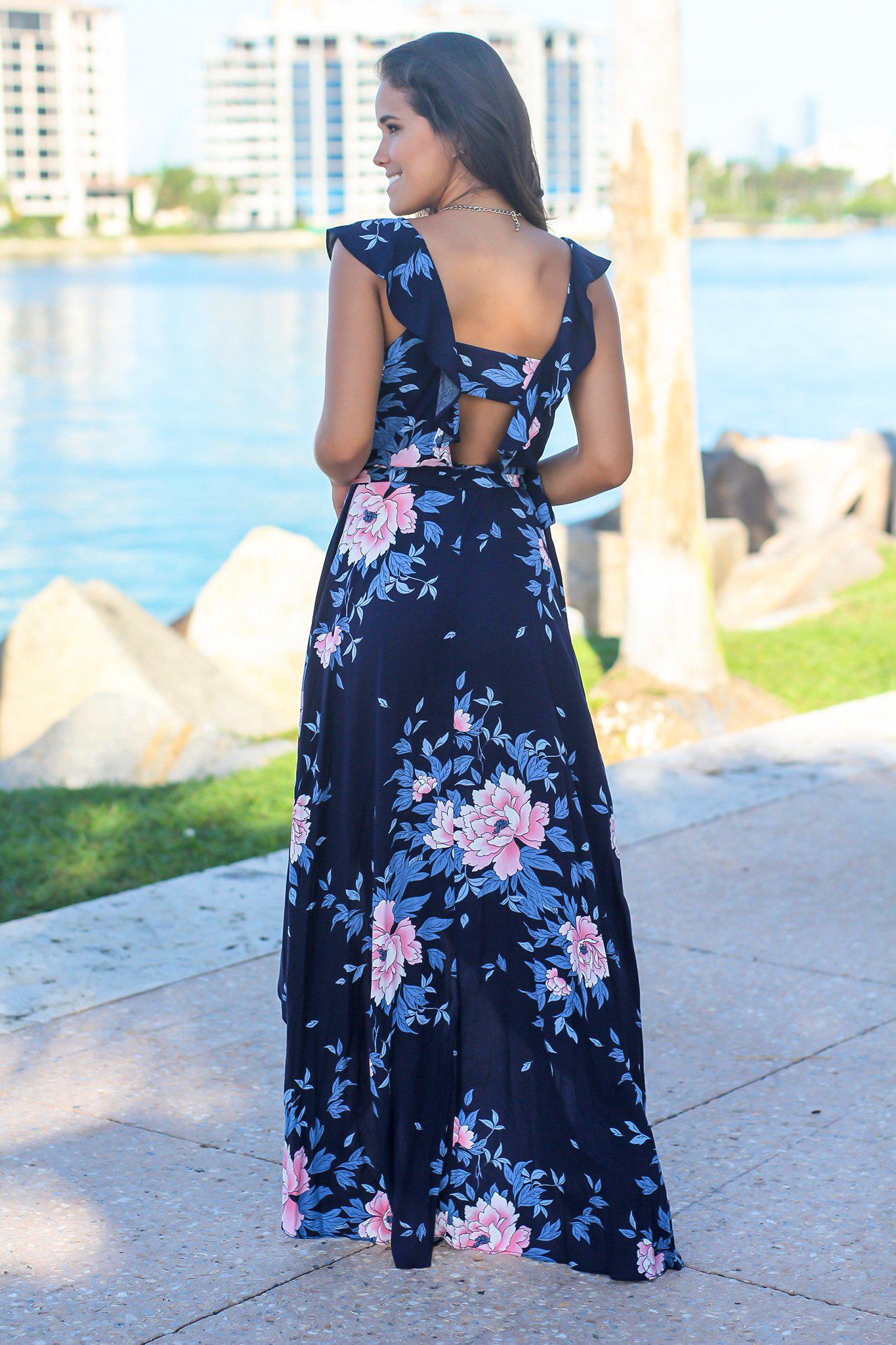 Navy Floral Wrap Dress with Ruffle Sleeves