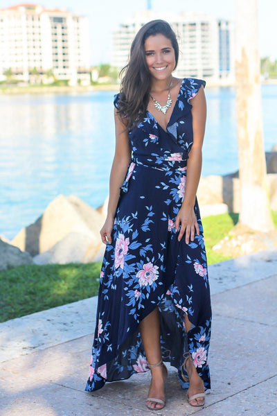 Navy Floral Wrap Dress with Ruffle Sleeves