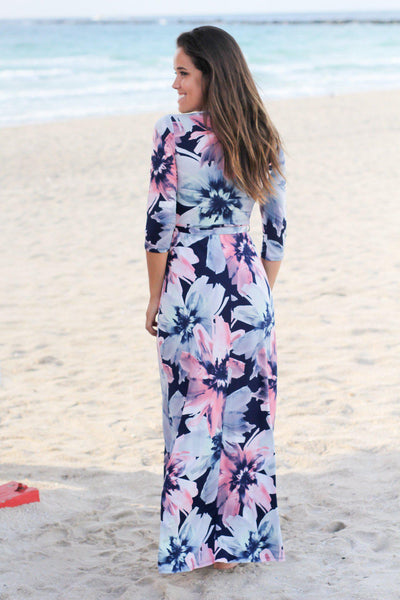 Navy Floral Wrap Maxi Dress with 34 Sleeves