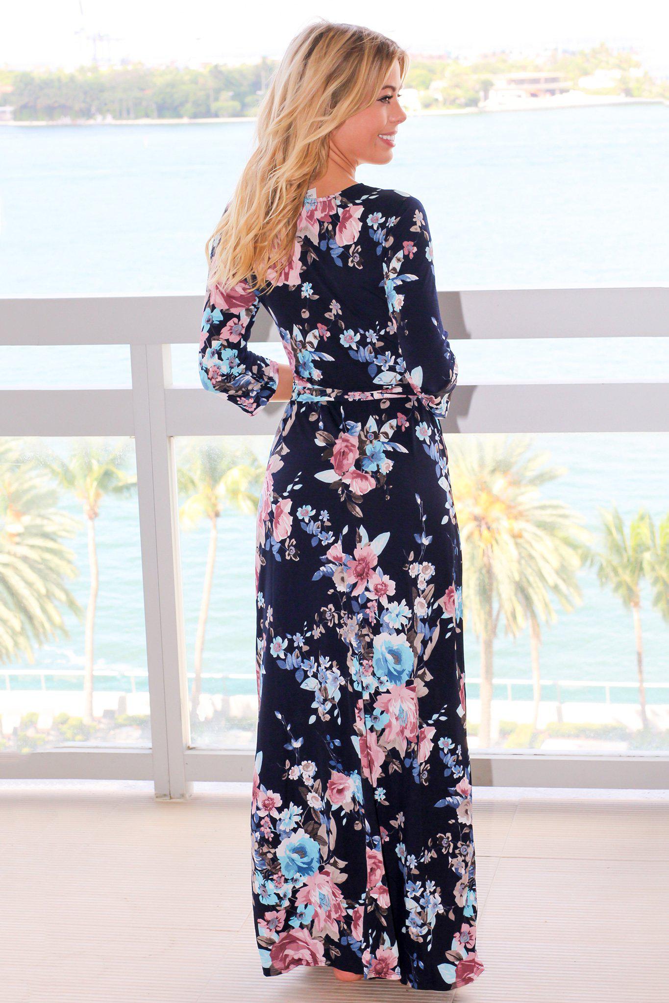 Navy Floral Wrap Maxi Dress with Tie Waist