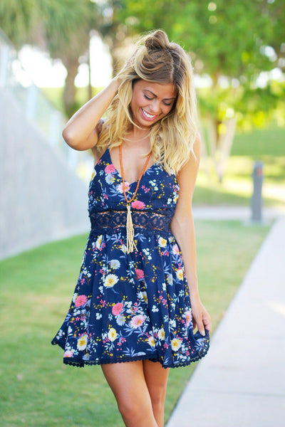 Navy Floral Short Dress with Crochet Detail