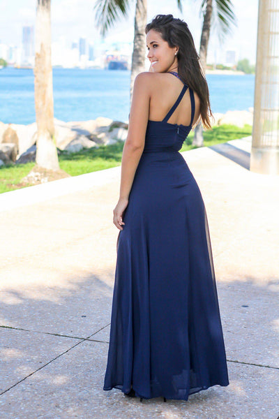 Navy Halter Neck Maxi Dress with Embroidered Top