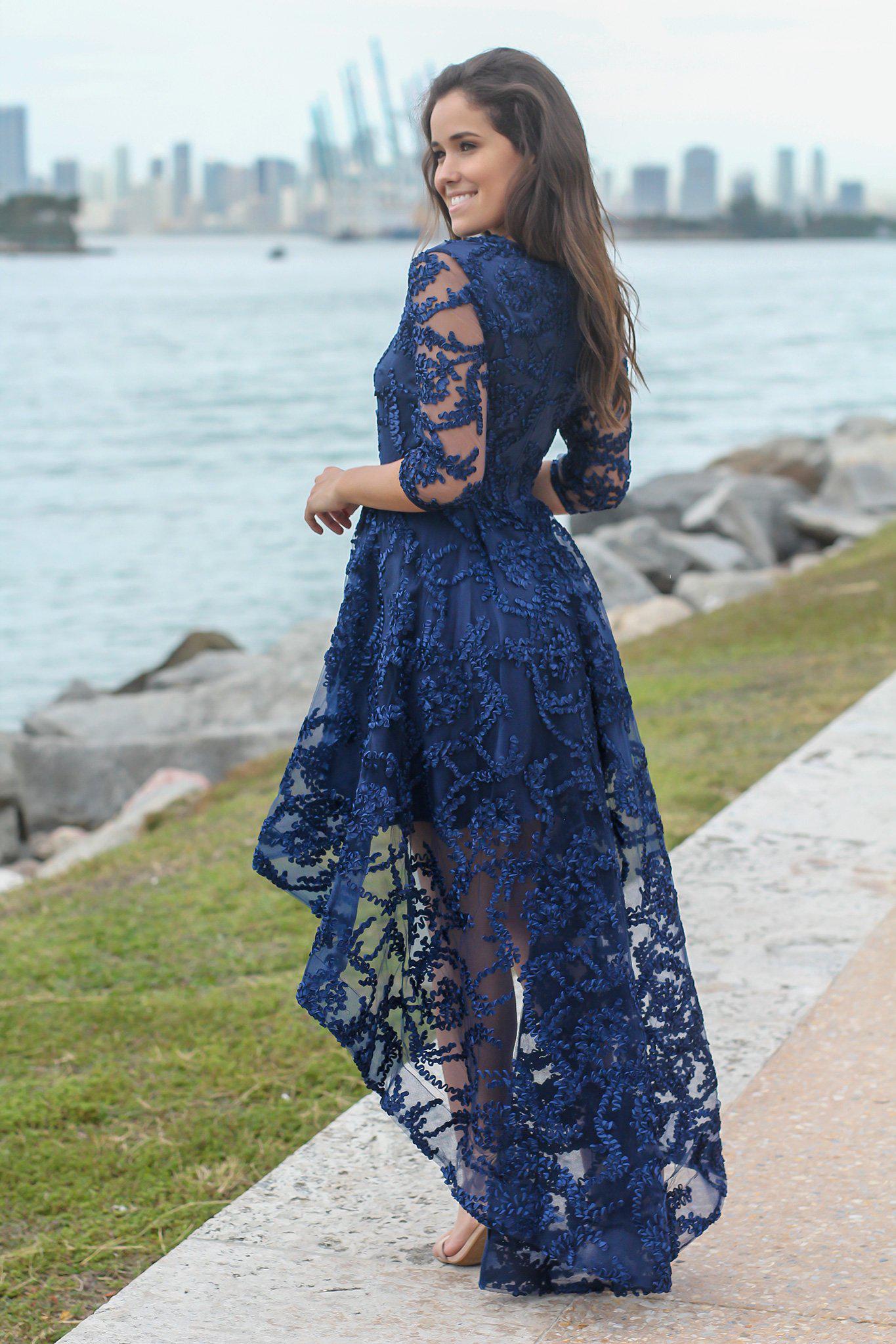 Navy High Low Dress with 3/4 Sleeves