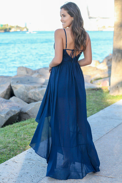 Navy High Low Dress with Embroidered Top