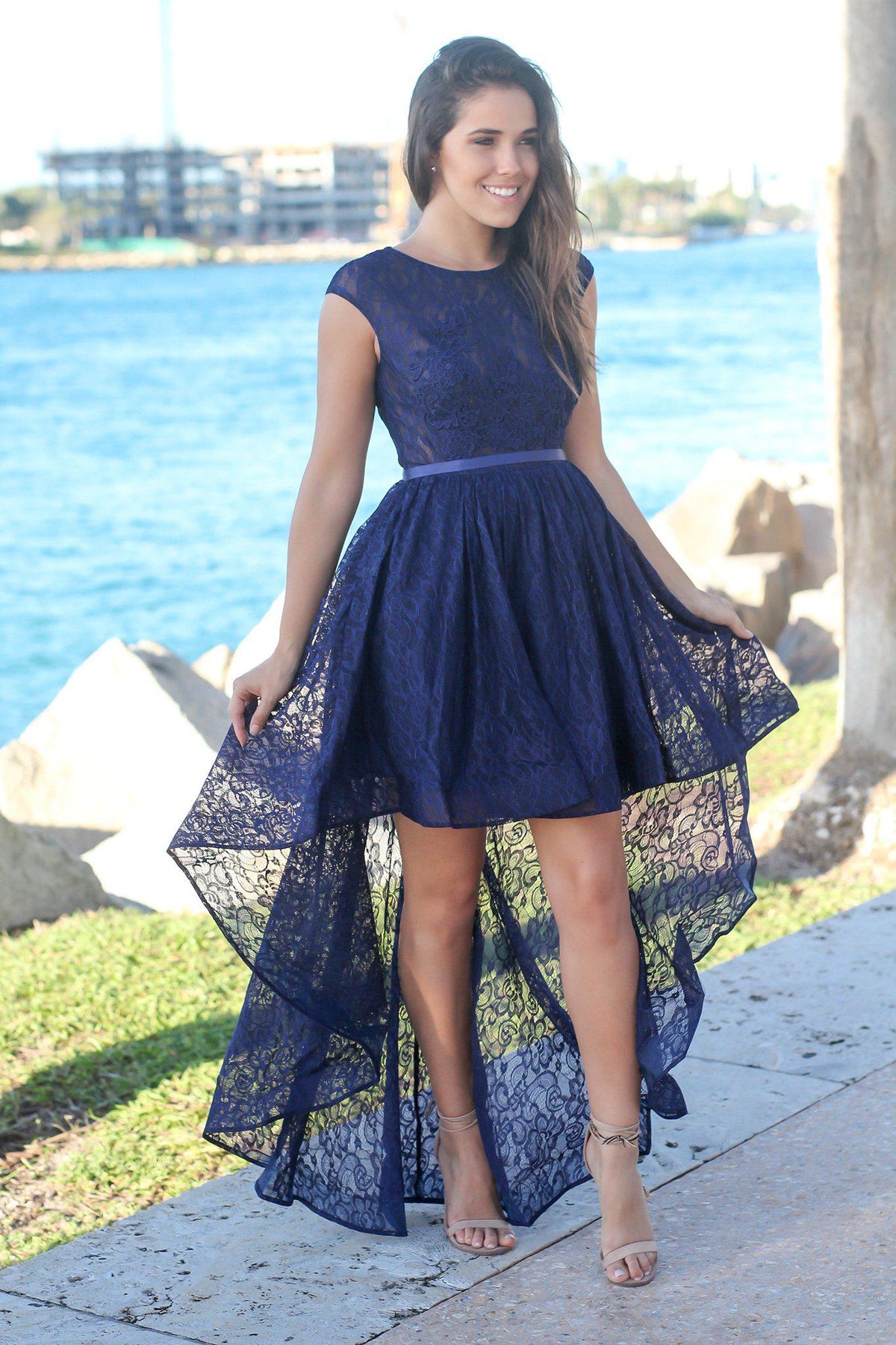 Navy High Low Lace Dress