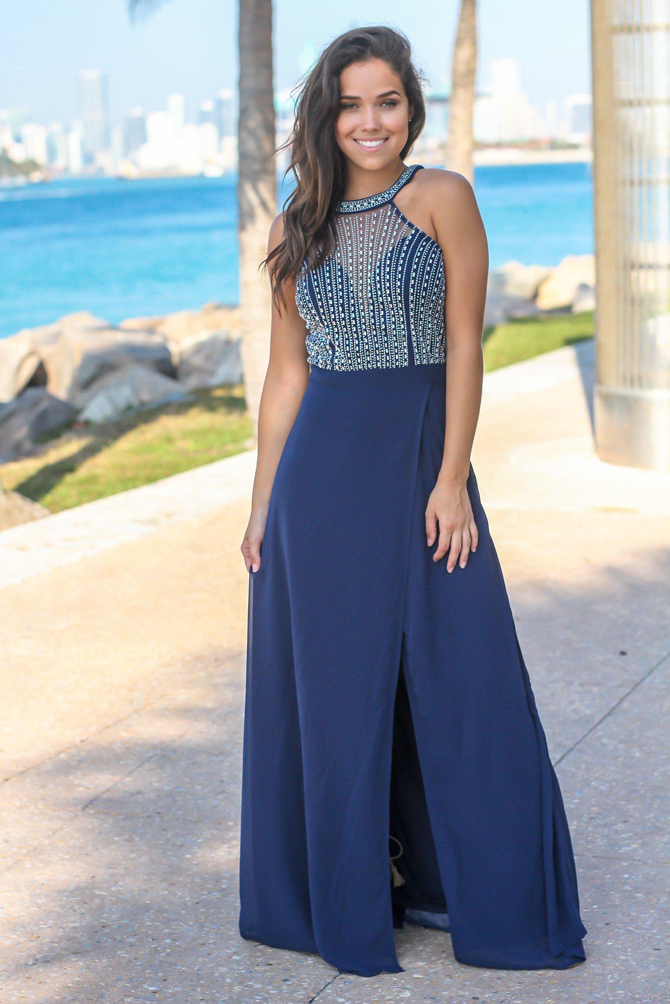 Navy Jeweled Top Maxi Dress with Tulle Back