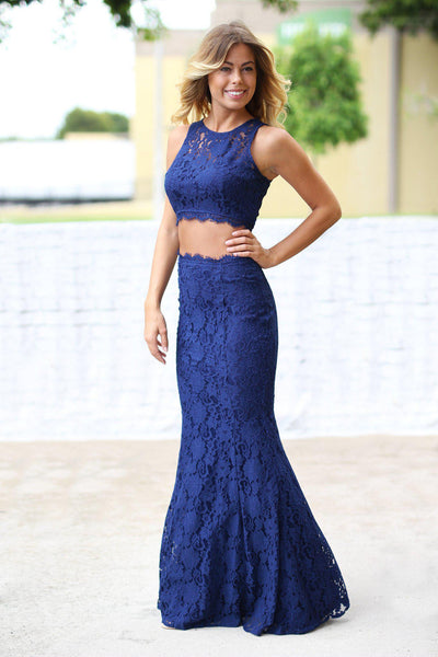 Navy Lace Crop Top and Skirt Set