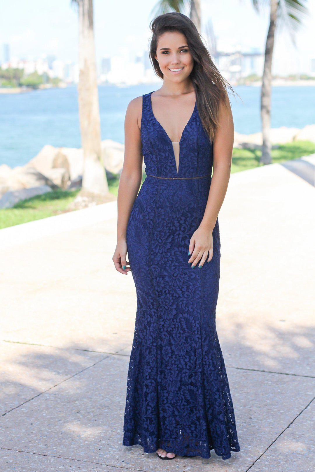 Navy Lace Maxi Dress with Mesh V-Neck