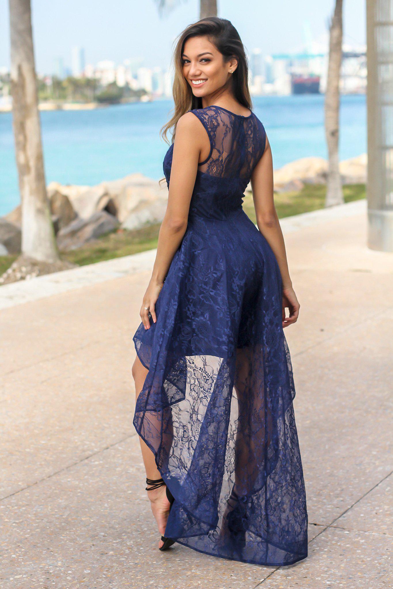 Navy Lace High Low Dress