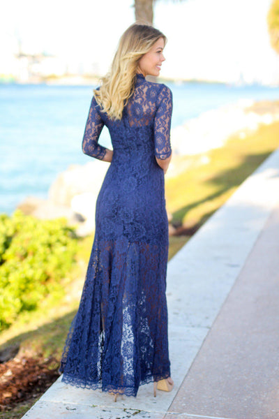 Navy Lace Maxi Dress with 3/4 Sleeves