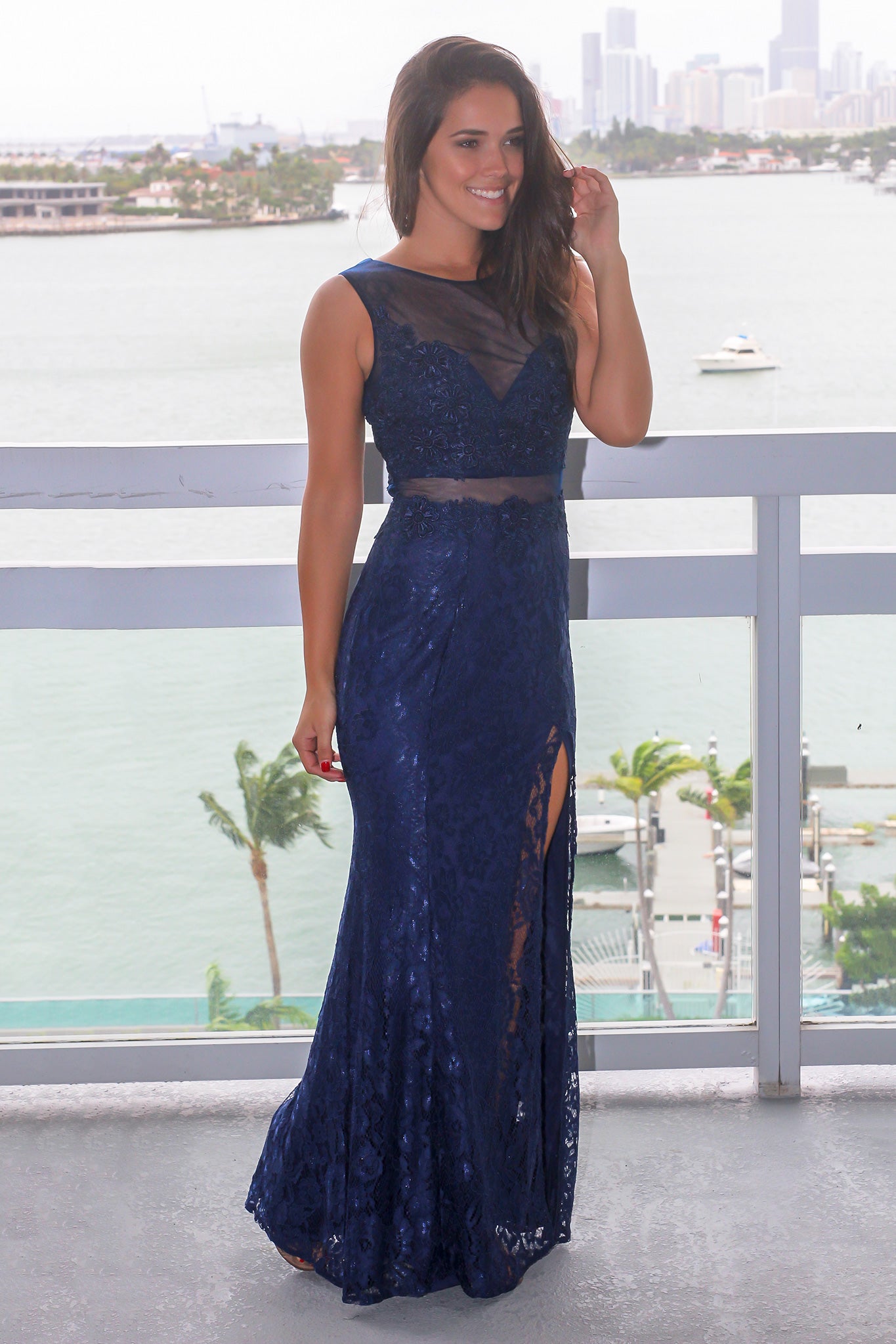 Navy Lace Maxi Dress with Mesh Detail and Side Slit